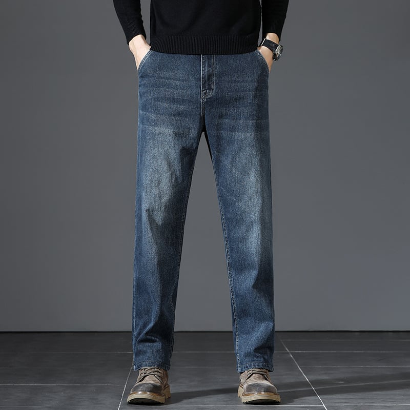 Muške traperice s flis podstavom, zimski model, visokim strukom, straight kroj, zatvarač na zip