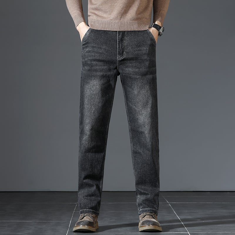 Muške traperice s flis podstavom, zimski model, visokim strukom, straight kroj, zatvarač na zip