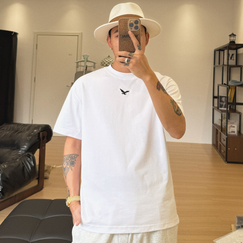 Tricou bărbăți de vară, guler rotund, mânecă scurtă, croială lejeră, poliester, broderie cu model animal