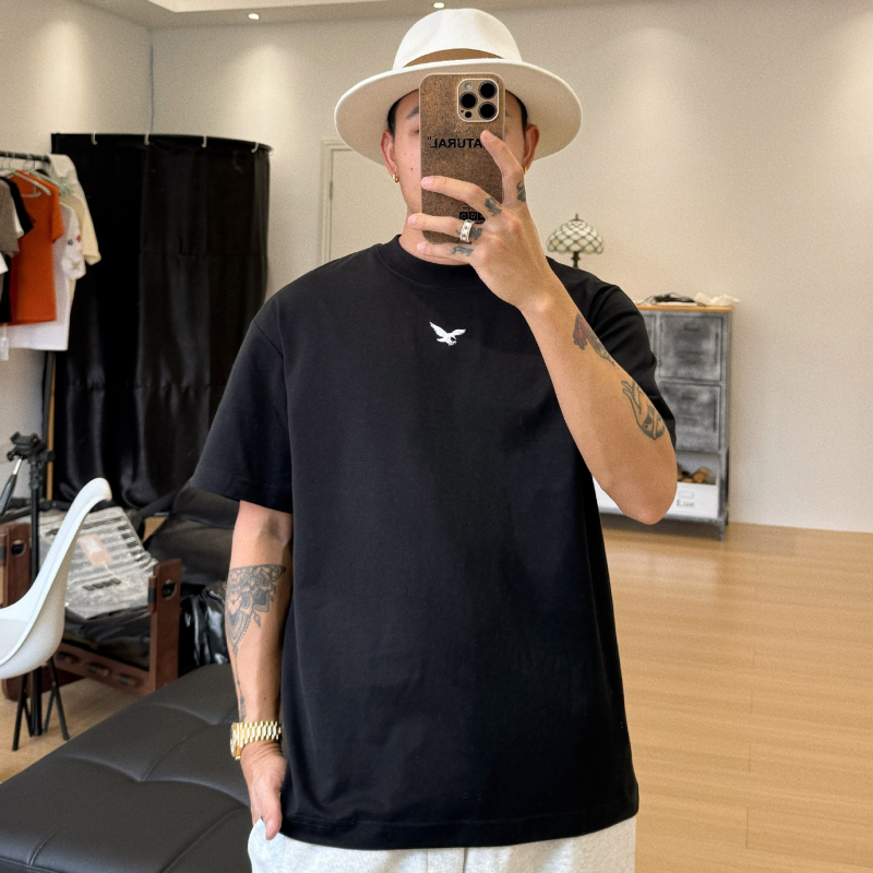 Tricou bărbăți de vară, guler rotund, mânecă scurtă, croială lejeră, poliester, broderie cu model animal