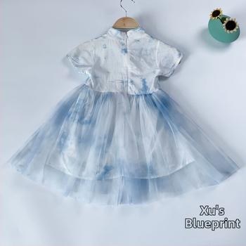 Indigo tie-dye pamučna haljina za djevojčice, kratkih rukava, A-kroj