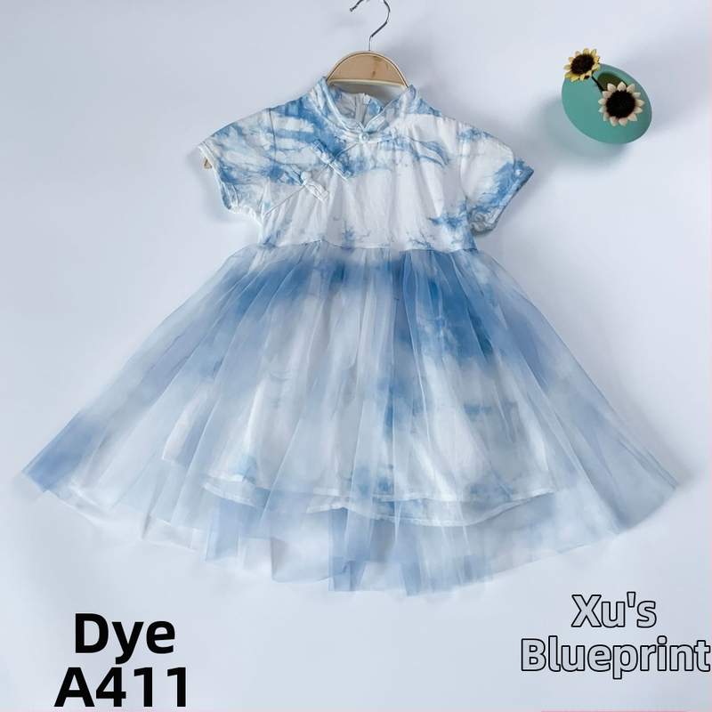 Indigo tie-dye pamučna haljina za djevojčice, kratkih rukava, A-kroj