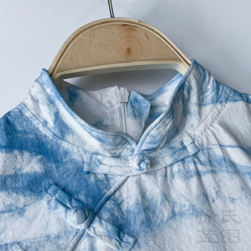 Lányoknak szóló rövid ujjú ruha, kínai stílus, pamut géz anyag, A-vonalú szabás, 3–8 éveseknek, nyár, finoman kezelt anyag