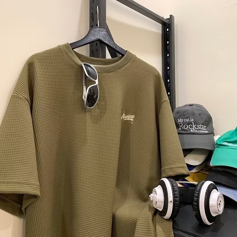 Muška kratka majica s okruglim izrezom, japanski vintage stil, 100% poliester, jednofarbni uzorak, slobodan kroj