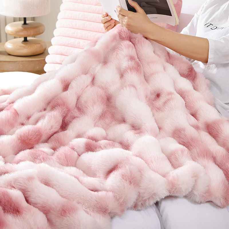 Κουβέρτα από βελούδο με τρίχωρο κουνελιού, υφή bubble velvet, ριγέ σχέδιο, χειμώνας, προσαρμόσιμη, 3% συρρίκνωση, στυλ Dopamine