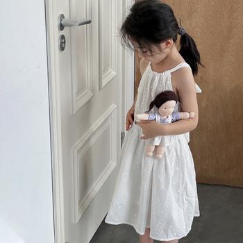 Детска рокля принцеса за лятото, без ръкави, халтер с връзка, бродерия, едноцветен модел, памучно-смесена тъкан, лято 2025, за деца 3–8 г.