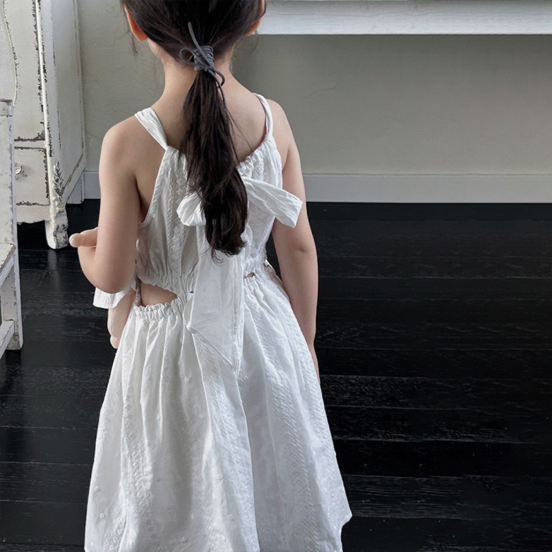 Детска рокля принцеса за лятото, без ръкави, халтер с връзка, бродерия, едноцветен модел, памучно-смесена тъкан, лято 2025, за деца 3–8 г.