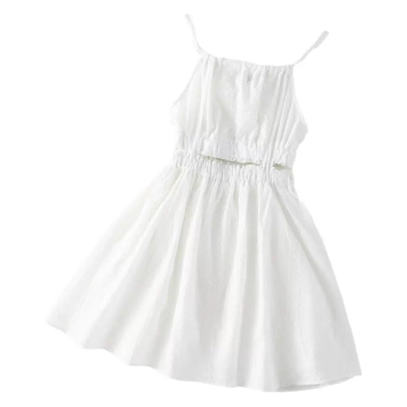 Детска рокля принцеса за лятото, без ръкави, халтер с връзка, бродерия, едноцветен модел, памучно-смесена тъкан, лято 2025, за деца 3–8 г.