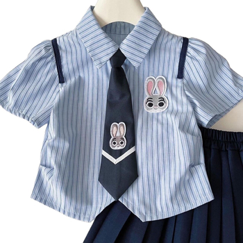 Dječji dvodjelni pamukasti set: košulja-haljina, ljetni prugasti uzorak s crtanim motivom, školski stil, kratki rukavi, glavna tkanina 95% pamuka