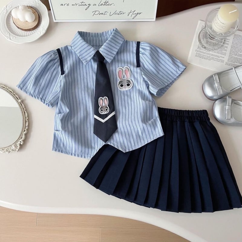Dječji dvodjelni pamukasti set: košulja-haljina, ljetni prugasti uzorak s crtanim motivom, školski stil, kratki rukavi, glavna tkanina 95% pamuka
