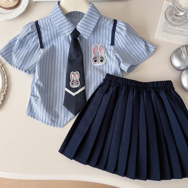 Dječji dvodjelni pamukasti set: košulja-haljina, ljetni prugasti uzorak s crtanim motivom, školski stil, kratki rukavi, glavna tkanina 95% pamuka
