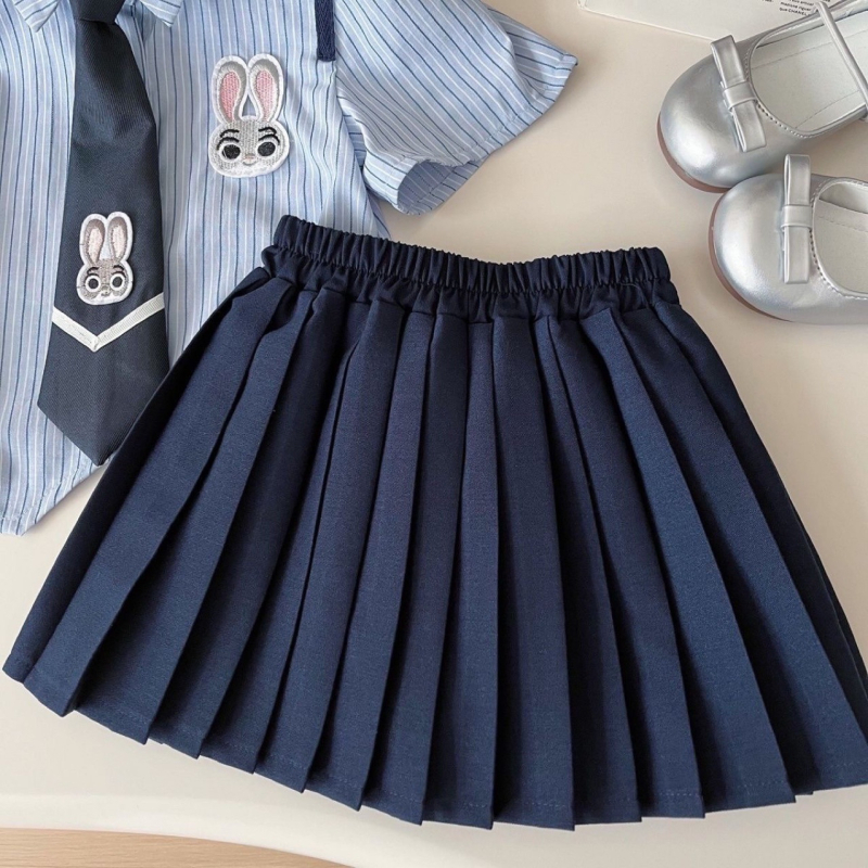 Dječji dvodjelni pamukasti set: košulja-haljina, ljetni prugasti uzorak s crtanim motivom, školski stil, kratki rukavi, glavna tkanina 95% pamuka