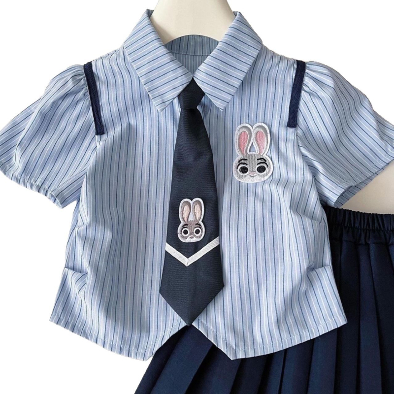 Dječji dvodjelni pamukasti set: košulja-haljina, ljetni prugasti uzorak s crtanim motivom, školski stil, kratki rukavi, glavna tkanina 95% pamuka