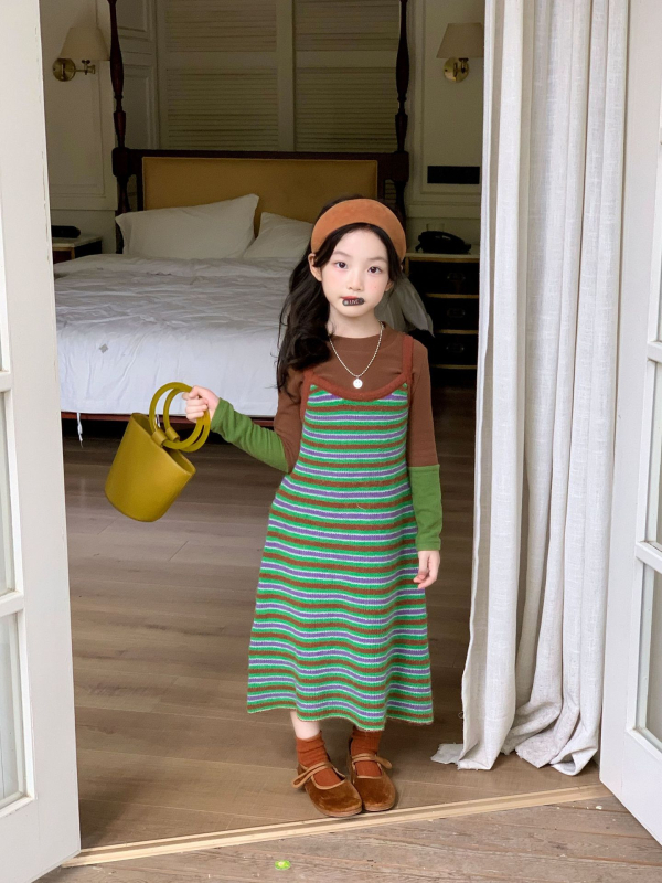 Dječja prugasta pletena haljina s naramenicama - A-linijska pamuk haljina za dob 3-8 godina (Korejski stil)