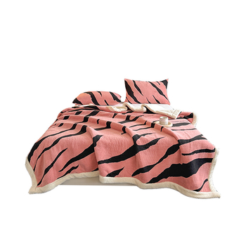 Κουβέρτα φλίς γάλακτος με ζακάρ διπλού στρώματος, για όλη τη σεζόν, πολυεστέρας, μοτίβο ριγέ και καρό