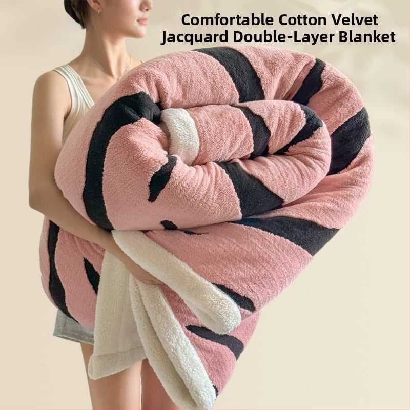 Κουβέρτα φλίς γάλακτος με ζακάρ διπλού στρώματος, για όλη τη σεζόν, πολυεστέρας, μοτίβο ριγέ και καρό