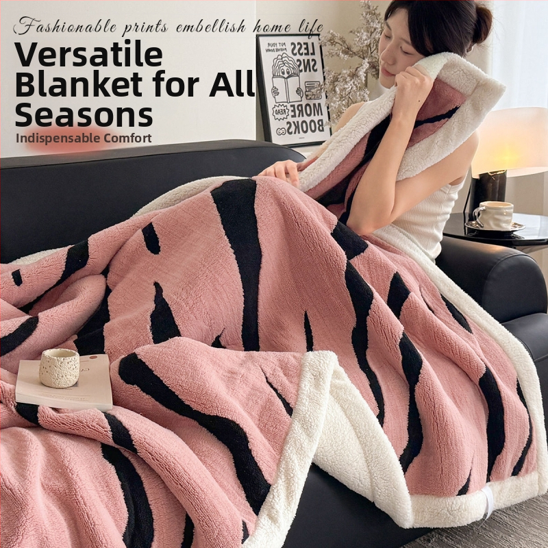 Κουβέρτα φλίς γάλακτος με ζακάρ διπλού στρώματος, για όλη τη σεζόν, πολυεστέρας, μοτίβο ριγέ και καρό