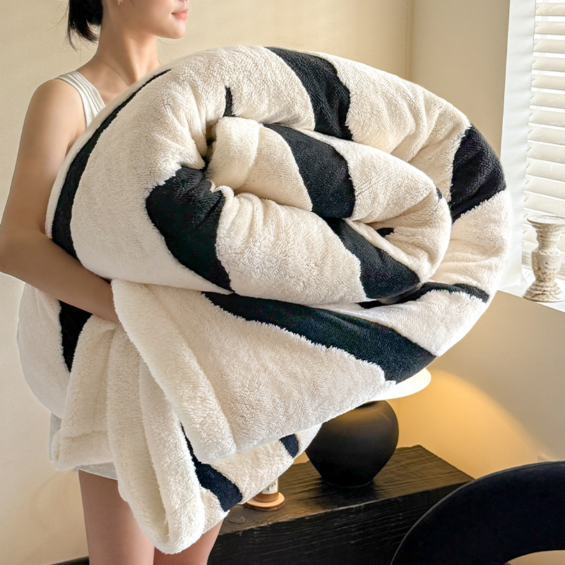 Κουβέρτα φλίς γάλακτος με ζακάρ διπλού στρώματος, για όλη τη σεζόν, πολυεστέρας, μοτίβο ριγέ και καρό