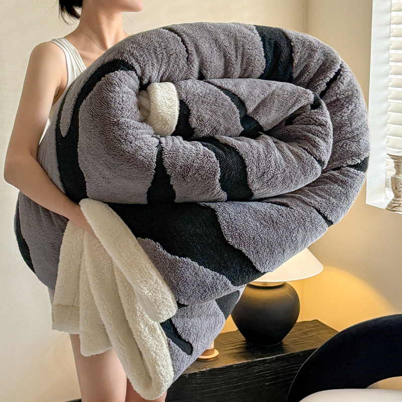 Κουβέρτα φλίς γάλακτος με ζακάρ διπλού στρώματος, για όλη τη σεζόν, πολυεστέρας, μοτίβο ριγέ και καρό