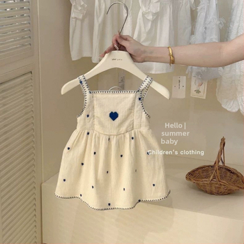 Детска рокля с презрамки в корейски стил, памучна дантела с бродерия, А-линия, лято 2025, 71–80% памук