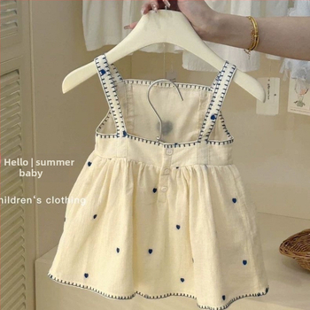 Детска рокля с презрамки в корейски стил, памучна дантела с бродерия, А-линия, лято 2025, 71–80% памук