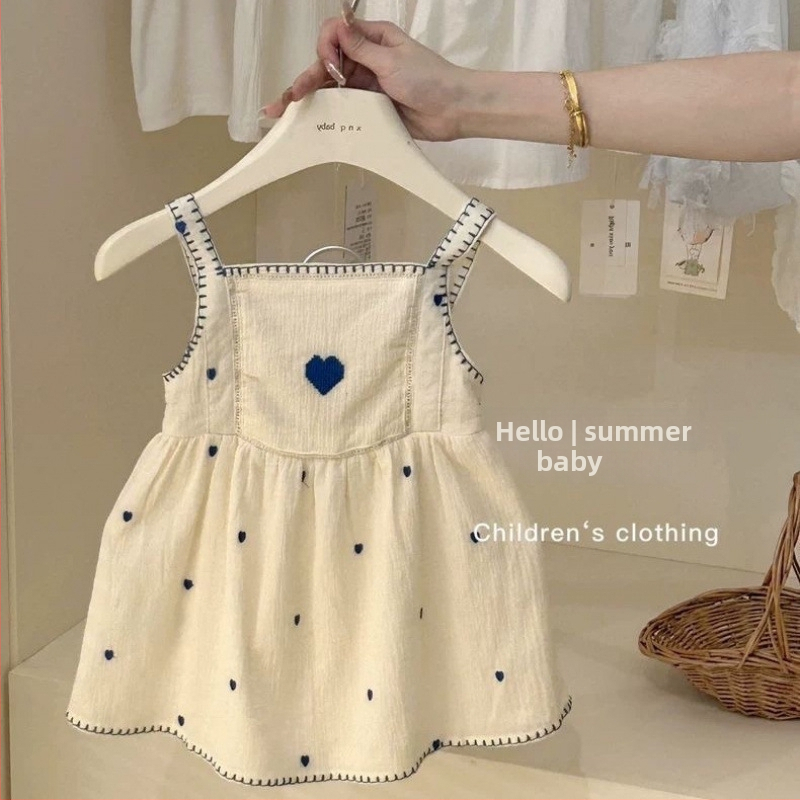 Детска рокля с презрамки в корейски стил, памучна дантела с бродерия, А-линия, лято 2025, 71–80% памук