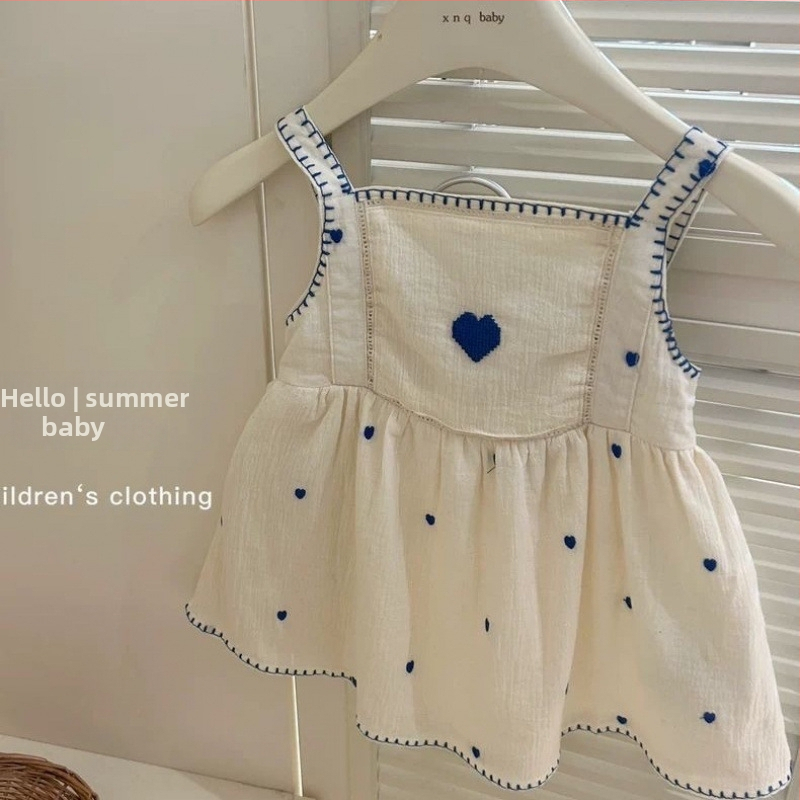 Детска рокля с презрамки в корейски стил, памучна дантела с бродерия, А-линия, лято 2025, 71–80% памук