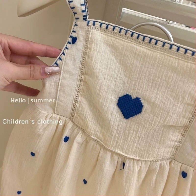 Детска рокля с презрамки в корейски стил, памучна дантела с бродерия, А-линия, лято 2025, 71–80% памук