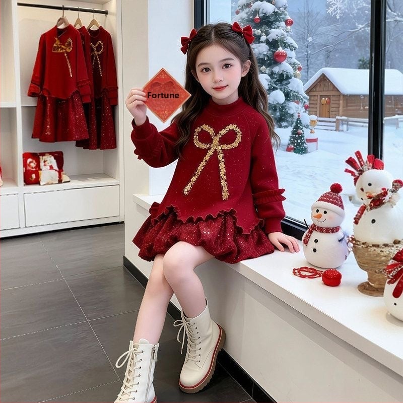 Детска рокля с бродирани пайети, 95% памук, за деца на възраст 8+ години, зима 2025, модел K36