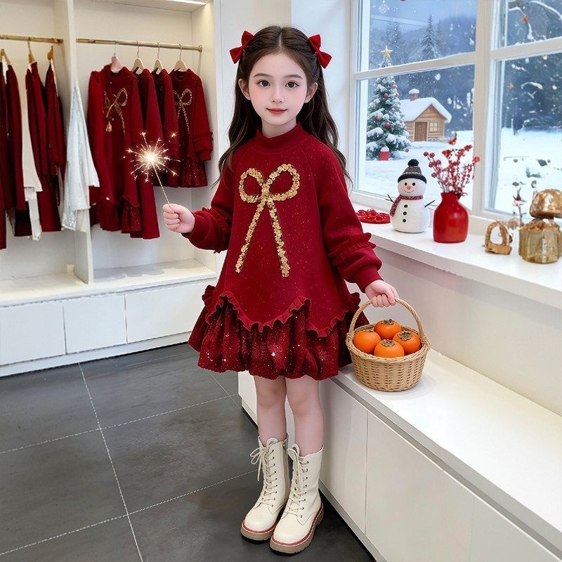 Детска рокля с бродирани пайети, 95% памук, за деца на възраст 8+ години, зима 2025, модел K36