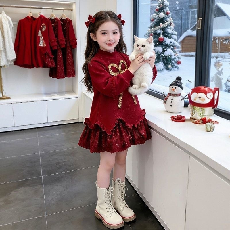 Детска рокля с бродирани пайети, 95% памук, за деца на възраст 8+ години, зима 2025, модел K36