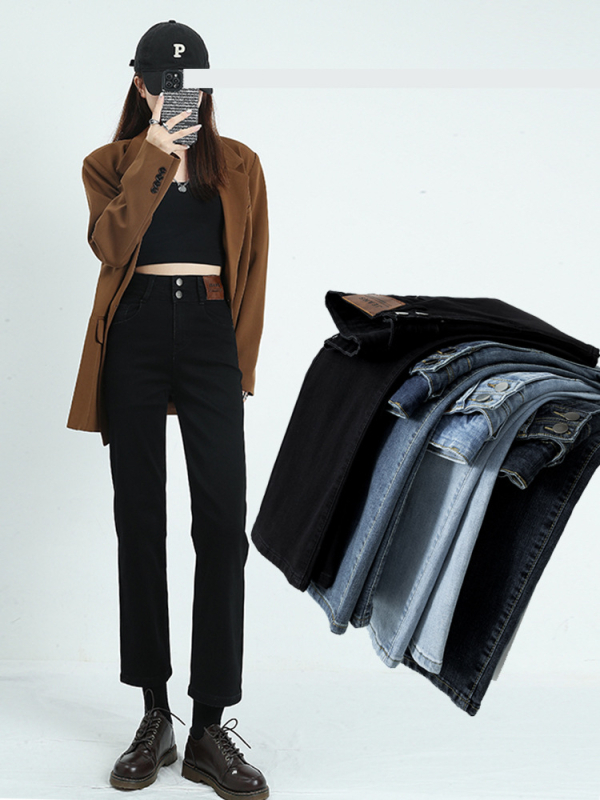 Ženske traperice — uski kroj, visokim pojasom, denim, 70–80% pamuka, Ice wash (urban stil) (denim; 70–80% pamuka; visok pojas; uski kroj)