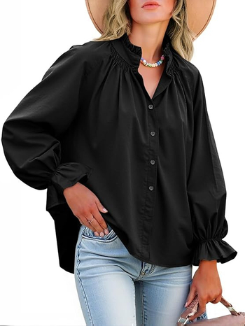 Ženska bluza: elegantna i nježna, opuštena silueta, rukavi fenjera, V-izrez s polo ovratnikom, jednobojna šara (Materijal: poliester; Glavni materijal: ≥95% poliester; Uzorak: jednobojan; Rukav: fenjera; Ovratnik: polo; Duljina: 50–65 cm)