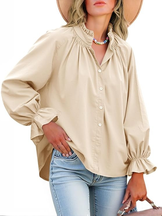 Ženska bluza: elegantna i nježna, opuštena silueta, rukavi fenjera, V-izrez s polo ovratnikom, jednobojna šara (Materijal: poliester; Glavni materijal: ≥95% poliester; Uzorak: jednobojan; Rukav: fenjera; Ovratnik: polo; Duljina: 50–65 cm)