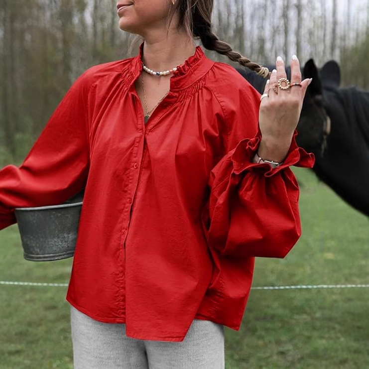 Ženska bluza: elegantna i nježna, opuštena silueta, rukavi fenjera, V-izrez s polo ovratnikom, jednobojna šara (Materijal: poliester; Glavni materijal: ≥95% poliester; Uzorak: jednobojan; Rukav: fenjera; Ovratnik: polo; Duljina: 50–65 cm)