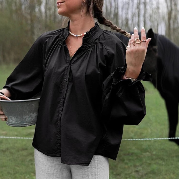 Ženska bluza: elegantna i nježna, opuštena silueta, rukavi fenjera, V-izrez s polo ovratnikom, jednobojna šara (Materijal: poliester; Glavni materijal: ≥95% poliester; Uzorak: jednobojan; Rukav: fenjera; Ovratnik: polo; Duljina: 50–65 cm)