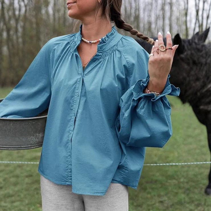 Ženska bluza: elegantna i nježna, opuštena silueta, rukavi fenjera, V-izrez s polo ovratnikom, jednobojna šara (Materijal: poliester; Glavni materijal: ≥95% poliester; Uzorak: jednobojan; Rukav: fenjera; Ovratnik: polo; Duljina: 50–65 cm)