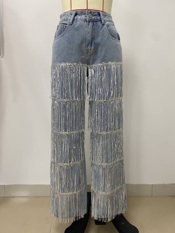 Traperice ravnog kroja s resicama i dekorativnim gumbima, srednji pojas, debeli denim, mikro-elastičnost, pranje pijeskom