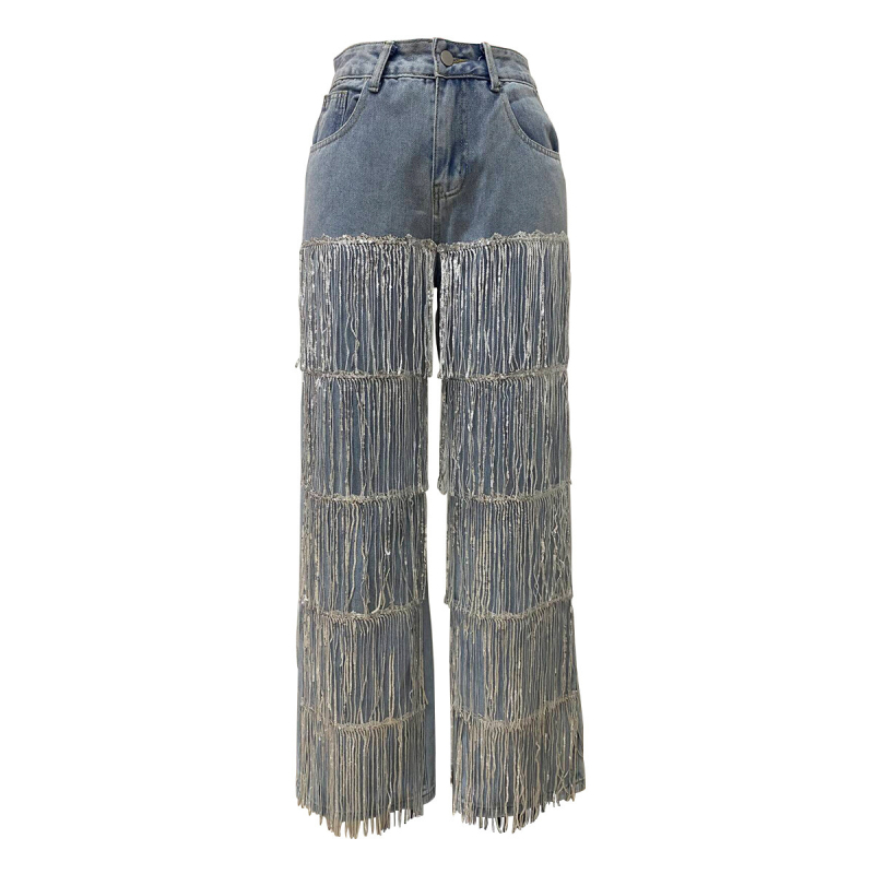 Traperice ravnog kroja s resicama i dekorativnim gumbima, srednji pojas, debeli denim, mikro-elastičnost, pranje pijeskom