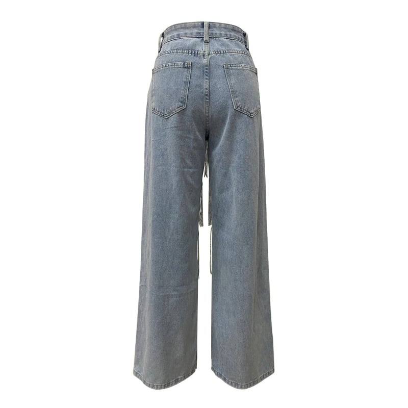 Traperice ravnog kroja s resicama i dekorativnim gumbima, srednji pojas, debeli denim, mikro-elastičnost, pranje pijeskom