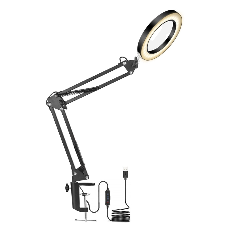 LED clip-on stolna lampa za zaštitu očiju, za učenje i čitanje, tetoviranje i njegu noktiju, rasvjeta za selfie, povećalo — USB napajanje, kućište od aluminijske legure, tijelo od aluminija+PC