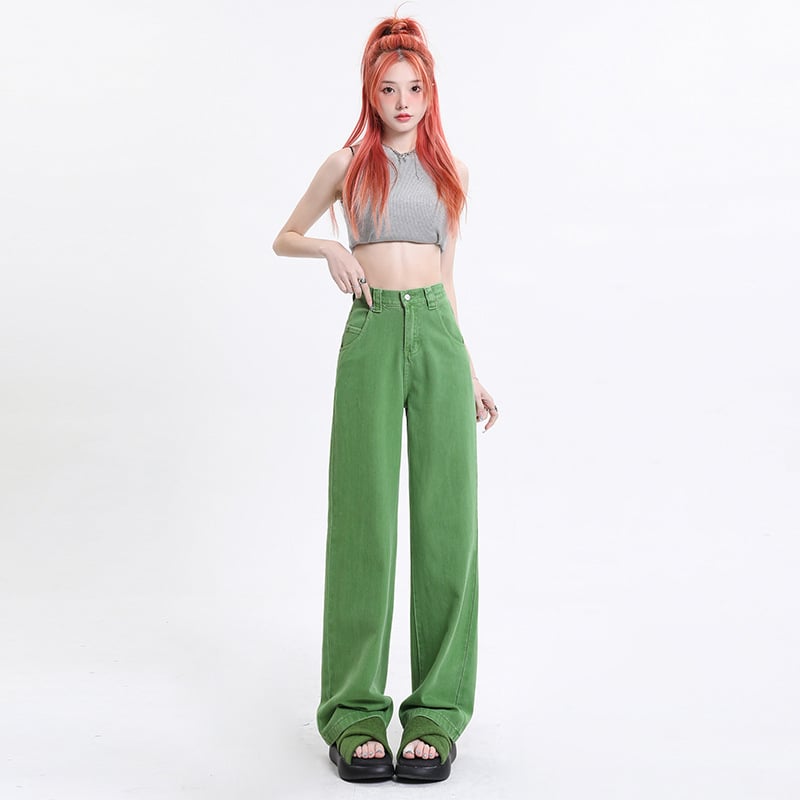 Ženske traperice ravnog kroja, visokim strukom, duljina do poda, pamuk i acetat vlakna, pješčano pranje