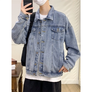 Muška denim jakna s mnogim džepovima, korejski stil, kapuljača, slobodan kroj, dugi rukavi, corduroy tkanina, proljeće 2024