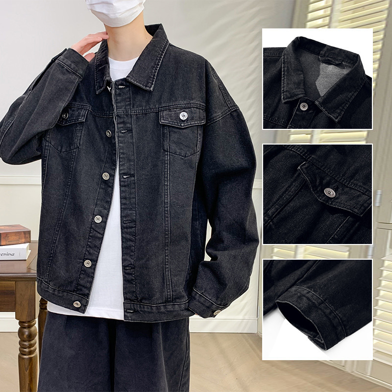 Muška denim jakna s mnogim džepovima, korejski stil, kapuljača, slobodan kroj, dugi rukavi, corduroy tkanina, proljeće 2024