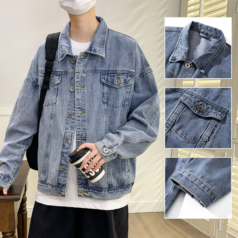 Muška denim jakna s mnogim džepovima, korejski stil, kapuljača, slobodan kroj, dugi rukavi, corduroy tkanina, proljeće 2024