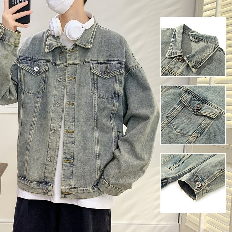 Muška denim jakna s mnogim džepovima, korejski stil, kapuljača, slobodan kroj, dugi rukavi, corduroy tkanina, proljeće 2024