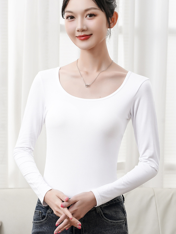 Modal majica sa Spandexom, jednobojna, U izrez, dugi rukavi, slim fit