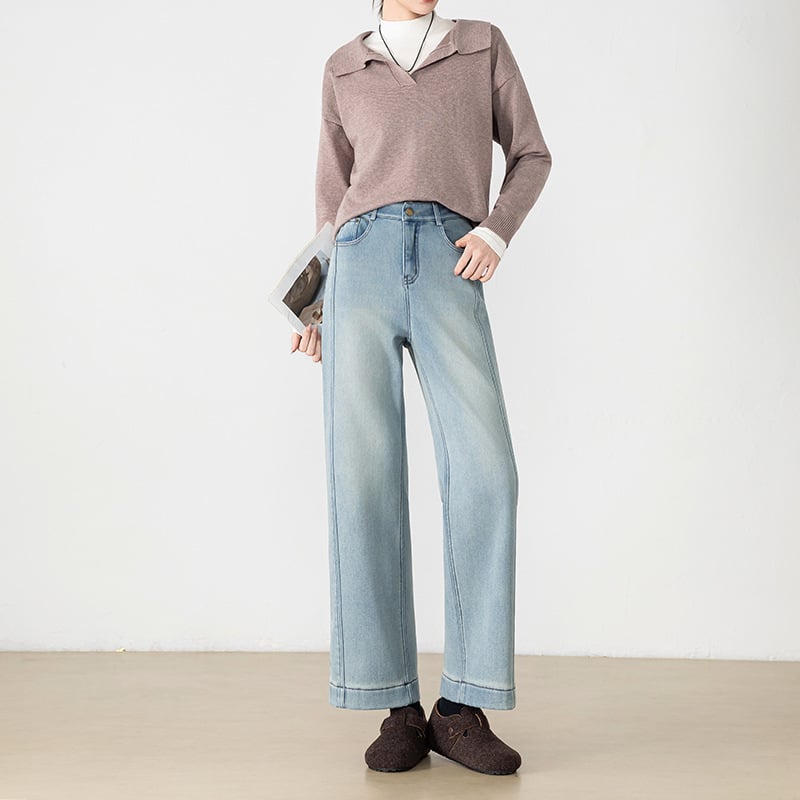 Ženske traperice s visokim strukom, fleece podstavljene, denim od pamuka i elastina, ravne nogavice, duljina 9/10, zimska 2025