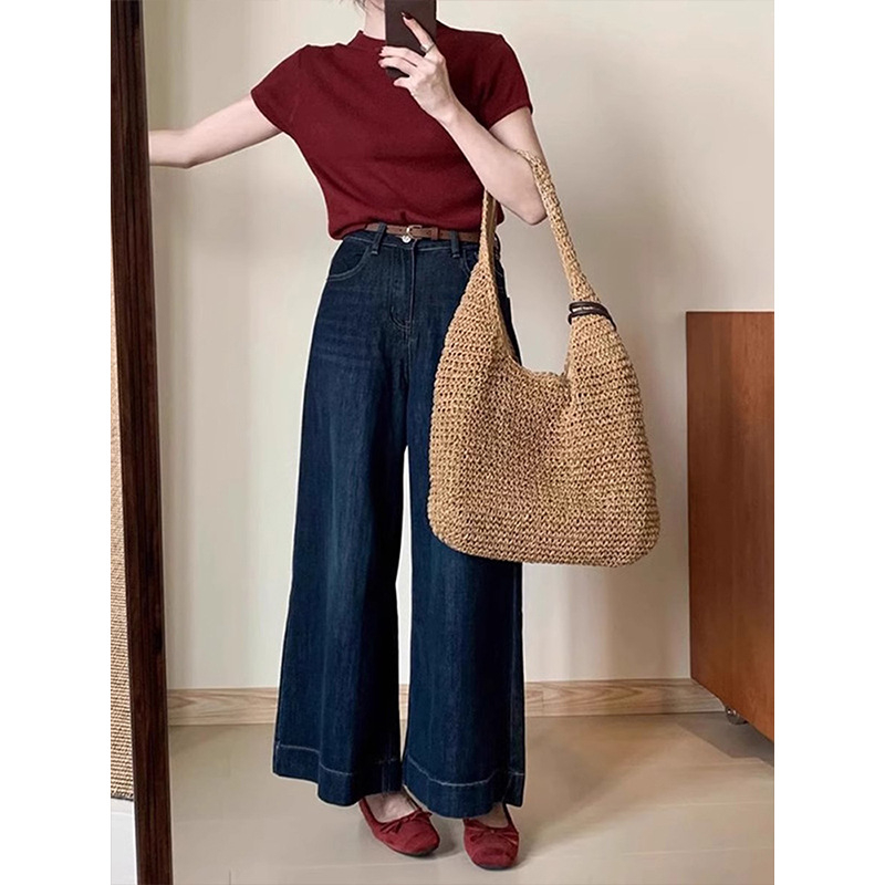 Ženske farmerice visokog struka s trompet krojem, kratka duljina, retro stil