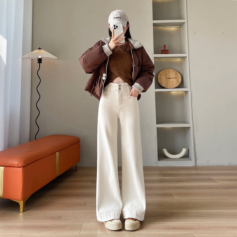 Ženske traperice s visokim strukom i širokim krojem, pamuk denim s elastanom, duljina do poda, s izgrebanim završetkom